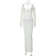 Long sleeve off shoulder halter knitted backless maxi dress-final-sale