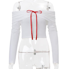 Long sleeve off shoulder bowknot ribbon top