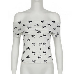 Off shoulder bowknot ribbed print top