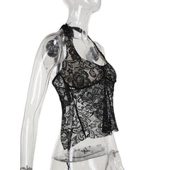 Halter backless lace flower pattern solid top