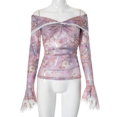 Off shoulder long sleeve flower print lace hem mesh top