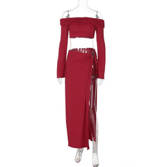 Off shoulder long sleeve o ring slit maxi dress