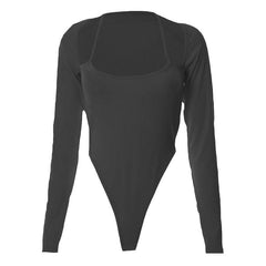Halter solid ribbed long sleeve low cut bodysuit-final-sale