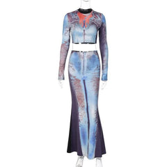 Contrast body print long sleeve high neck patchwork maxi skirt set-final-sale