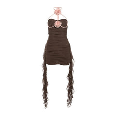 Halter self tie ruched flower applique backless mini dress