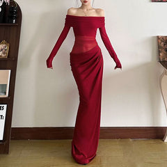 Off shoulder hollow out mesh cut out maxi dress