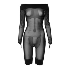 Mesh see through gloves solid off shoulder long sleeve romper-final-sale