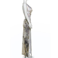 Cowl neck cross back o ring high slit print maxi dress