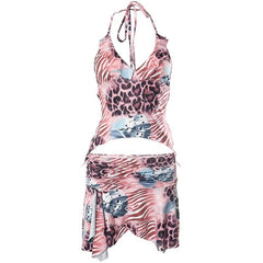 Leopard print contrast halter backless ruched ruffle v neck mini skirt set-final-sale