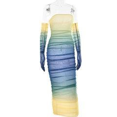 Sheer mesh see through gradient gloves ruched tube maxi dress-final-sale