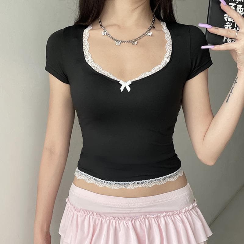Short sleeve bowknot lace hem top
