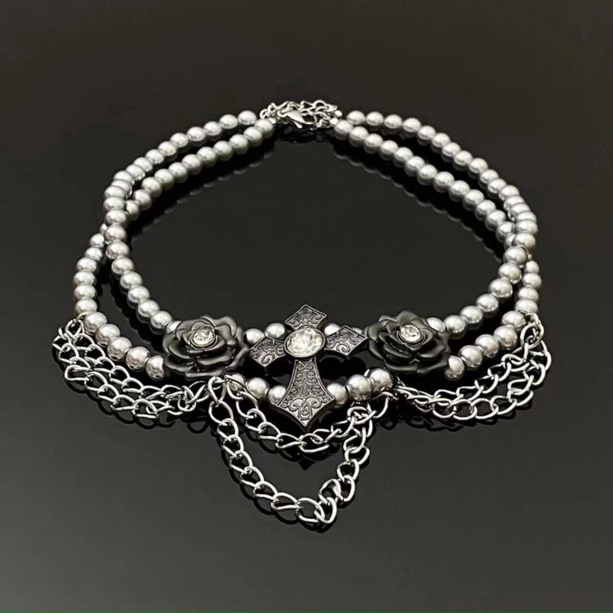 Rose cross beaded choker necklace