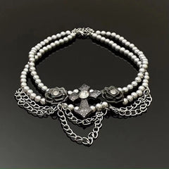 Rose cross beaded choker necklace