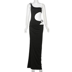 One shoulder hollow out high slit irregular cut out maxi dress