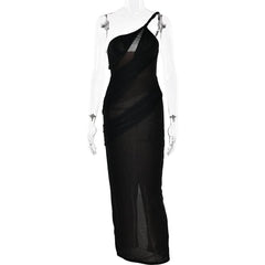 One shoulder irregular patchwork slit cami maxi dress-final-sale