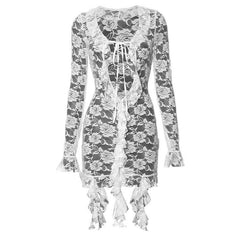 Long flared sleeve lace see through ruffle self tie mini dress-final-sale