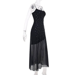 Mesh u neck beaded backless cami maxi dress