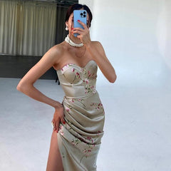 Contrast flower pattern print slit backless tube dress-final-sale
