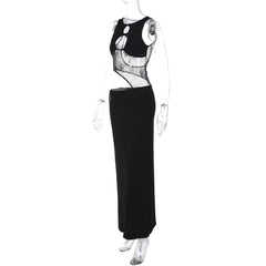Sleeveless hollow out mesh cut out maxi dress