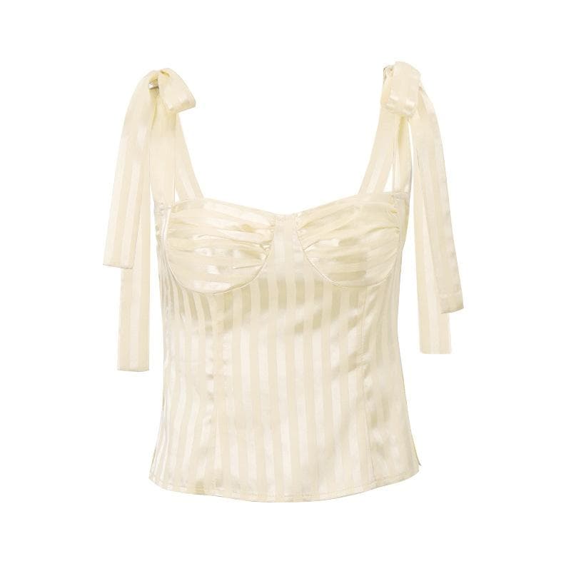 Striped smocked bowknot ribbon cami top