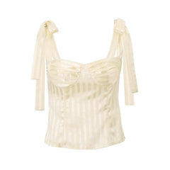 Striped smocked bowknot ribbon cami top