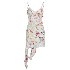 V neck lace hem flower print cami mini dress