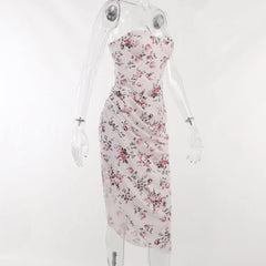 Contrast flower pattern print slit backless tube dress-final-sale