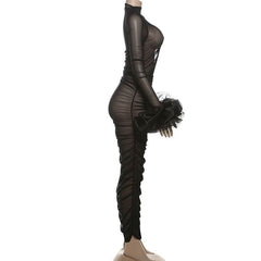 Long sleeve mesh see through ruched maxi dress