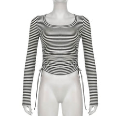 Long sleeve round neck striped drawstring top