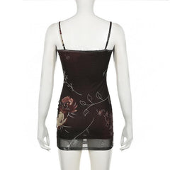 Flower print lace hem mesh cami mini dress