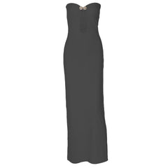 Sweetheart neck shell metal tag button hollow out tube cut out maxi dress