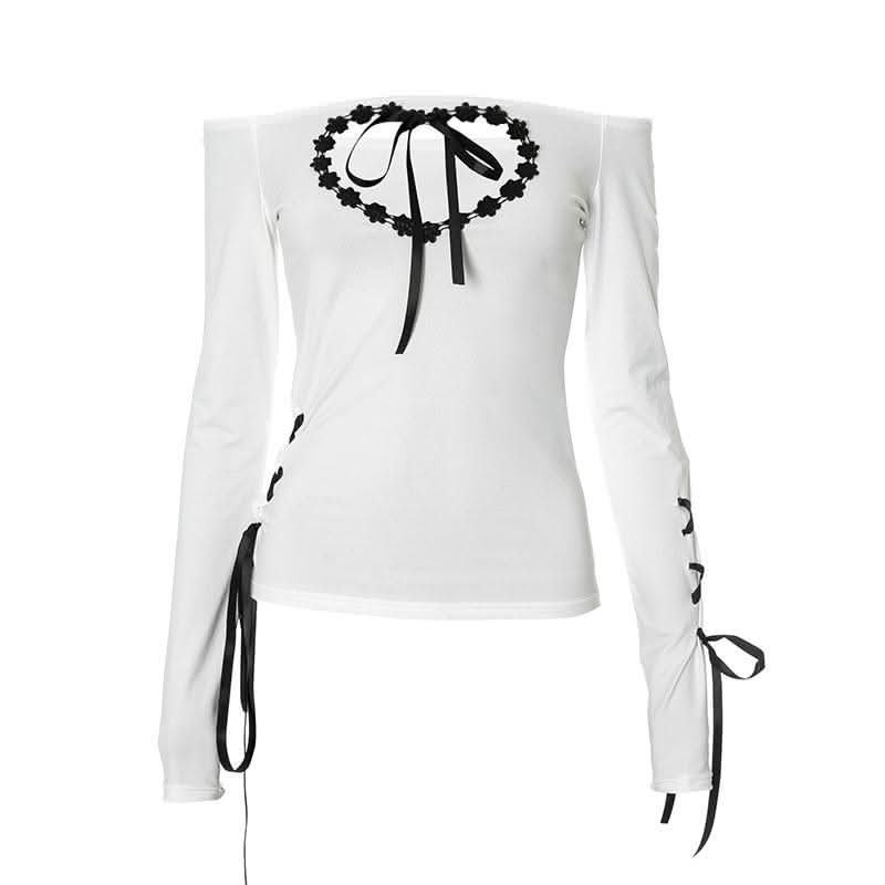 Hollow out long sleeve off shoulder self tie cut out top-final-sale