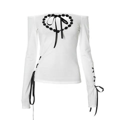 Hollow out long sleeve off shoulder self tie cut out top-final-sale