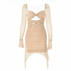 Long sleeve solid hollow out slit mesh ruched zip-up backless cut out mini dress-final-sale