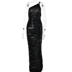 Metallic one shoulder solid ruched zip-up maxi dress-final-sale