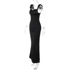 Feather cowl neck ruched solid backless maxi dress-final-sale