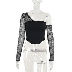 One shoulder long sleeve patchwork lace top