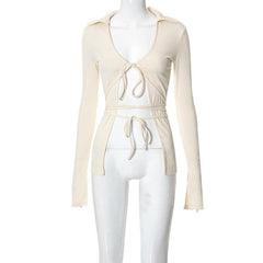 Turnover collar solid long sleeve self tie v neck crop top-final-sale
