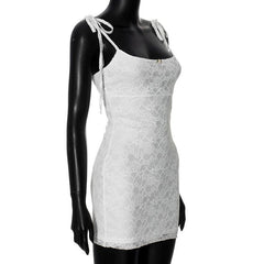 U neck lace self tie flower applique cami mini dress