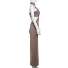 Halter ruched backless tube 2 piece maxi dress