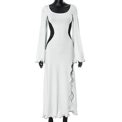 Long flared sleeve u neck slit ruffle maxi dress