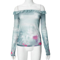Long sleeve off shoulder tie dye ruffle sheer mesh top
