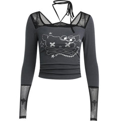 Long sleeve halter cat pattern mesh patchwork stitch top