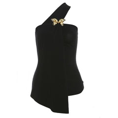 One shoulder chiffon butterfly applique irregular top