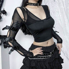 Long sleeve bowknot mesh v neck hollow out cut out top
