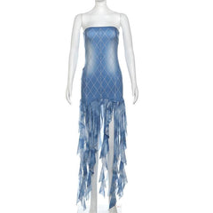 Plaid print tassels backless contrast tube mini dress