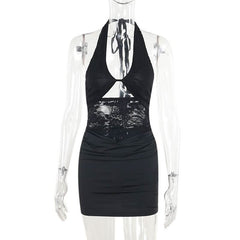 Halter self tie hollow out lace ruched cut out mini dress