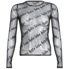 Sheer mesh "hate love" print see through solid long sleeve gloves top