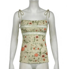 Lace hem flower print ruffle cami top