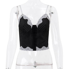 Striped lace hem stitch lace up cami top